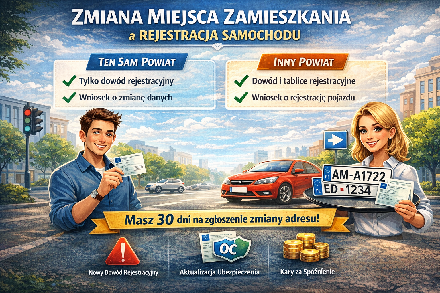 „Zmiana miejsca zamieszkania a rejestracja samochodu – procedura w tym samym powiecie i w innym powiecie, 30 dni na zgłoszenie, wniosek, dowód rejestracyjny, tablice, aktualizacja OC.”
